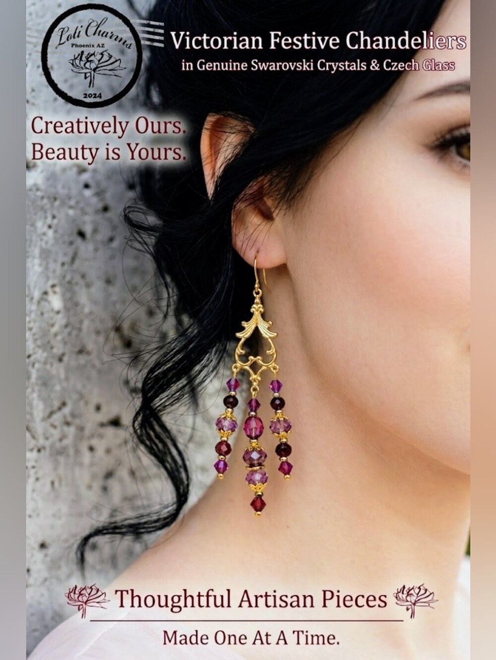 Victorian Festive Chandeliers In Hibiscus Fuchsia  In Artisan Handmade Earrings